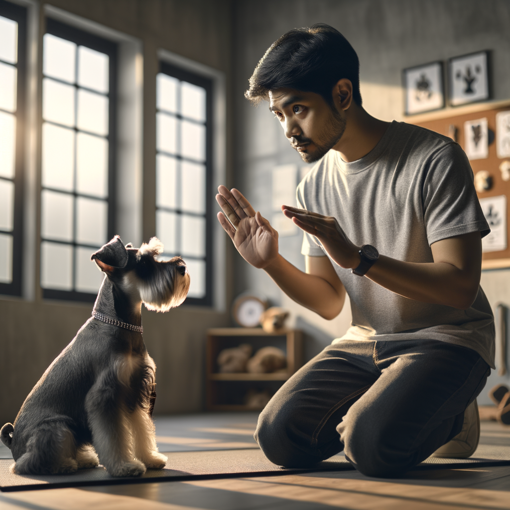 Professional dog trainer teaching Basic Sign Language commands to a Mini Schnauzer in a training room, illustrating Mini Schnauzers training and exploring dog communication.