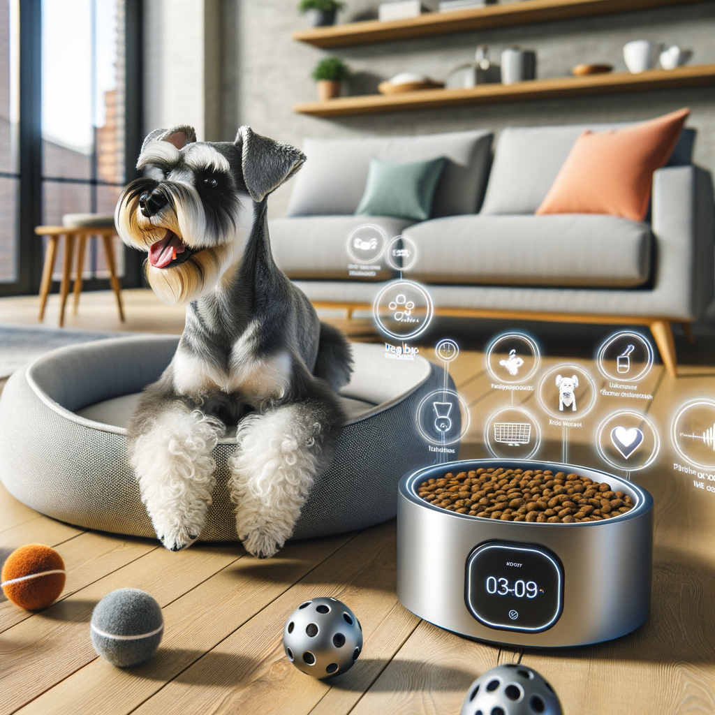 Mini Schnauzer enjoying comfort with smart home devices, showcasing canine comfort tech for enhancing dog comfort, including smart devices for pets and dog-friendly smart devices in a modern living room.