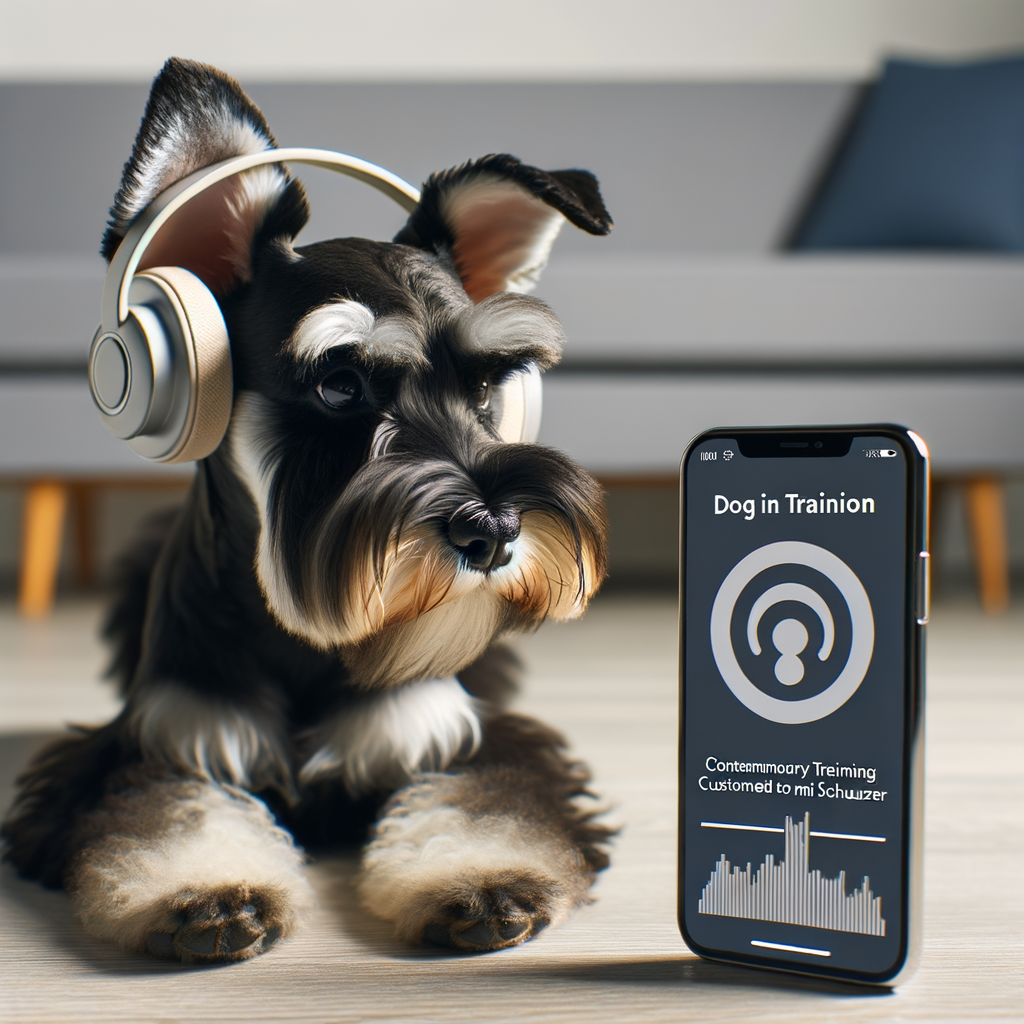 Mini Schnauzer engaging with clicker training app on smartphone, demonstrating the incorporation of technology in dog training and modern Mini Schnauzer training techniques.