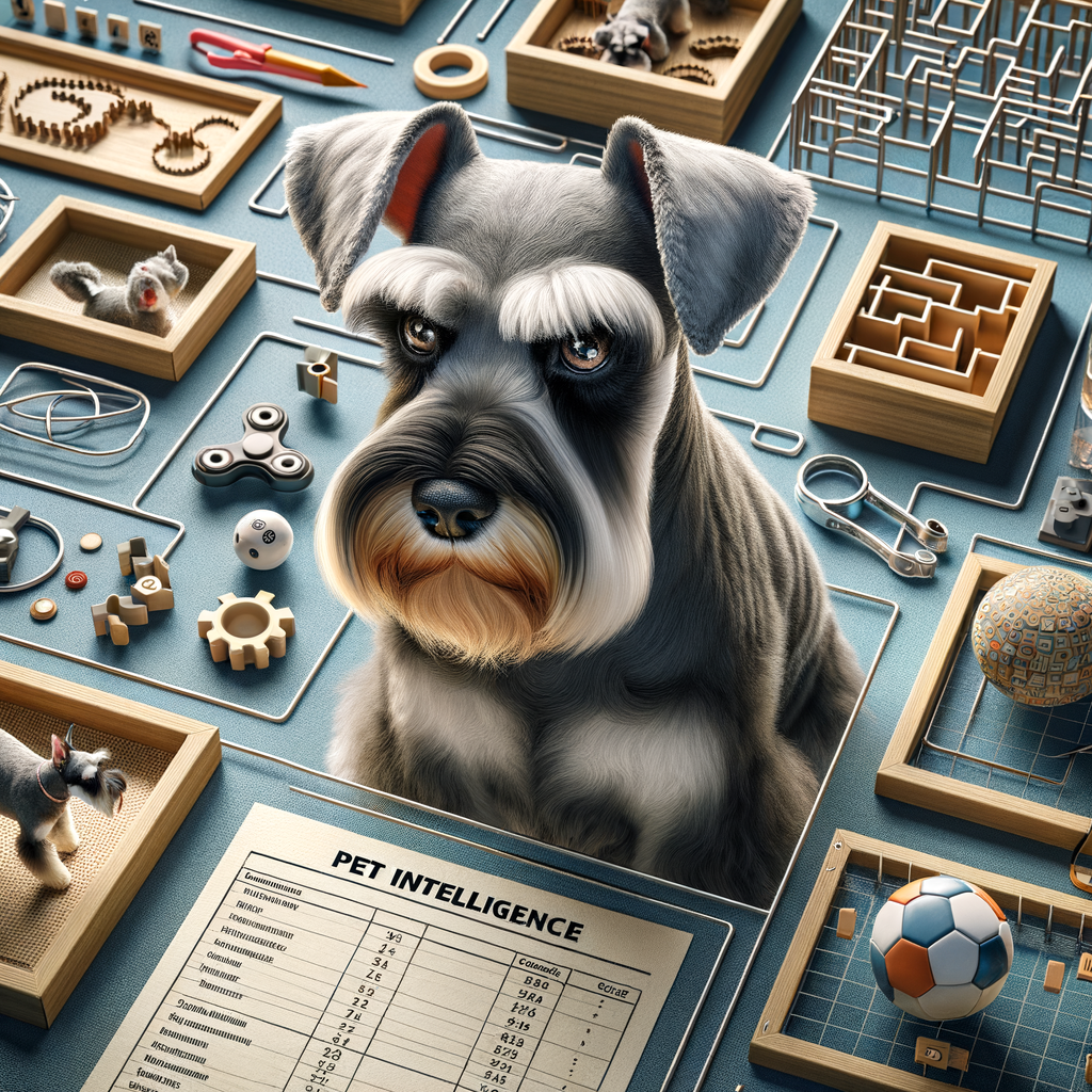 Miniature Schnauzer actively participating in fun pet tests like puzzles and mazes, showcasing Schnauzer intelligence in a Mini Schnauzer IQ test, a fun way to gauge pet intelligence and measure dog IQ.