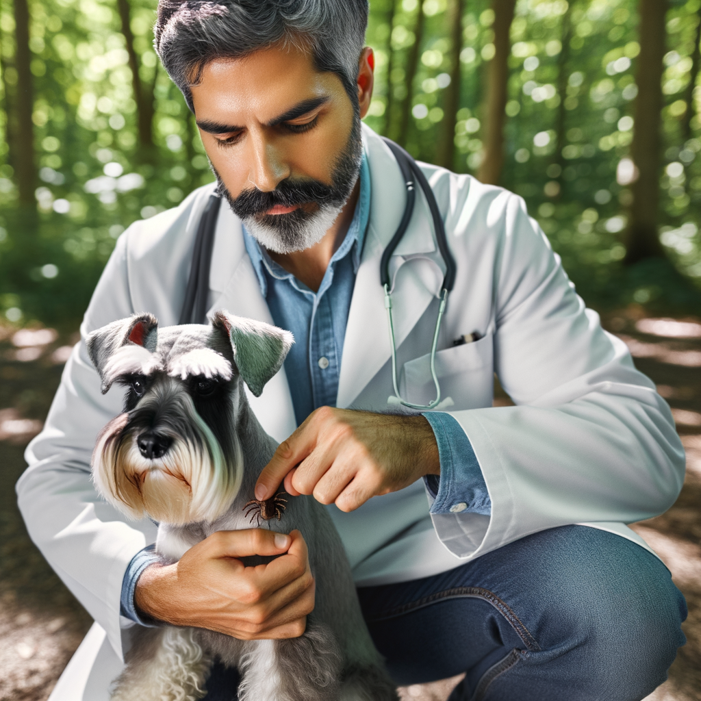 Veterinarian demonstrating best tick prevention practices for Mini Schnauzer during outdoor adventures, highlighting products and techniques for outdoor dog care and tick prevention.