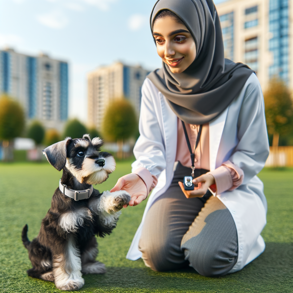 Professional dog trainer using positive reinforcement techniques for Mini Schnauzer obedience training, teaching basic commands to the attentive puppy during a focused training session.