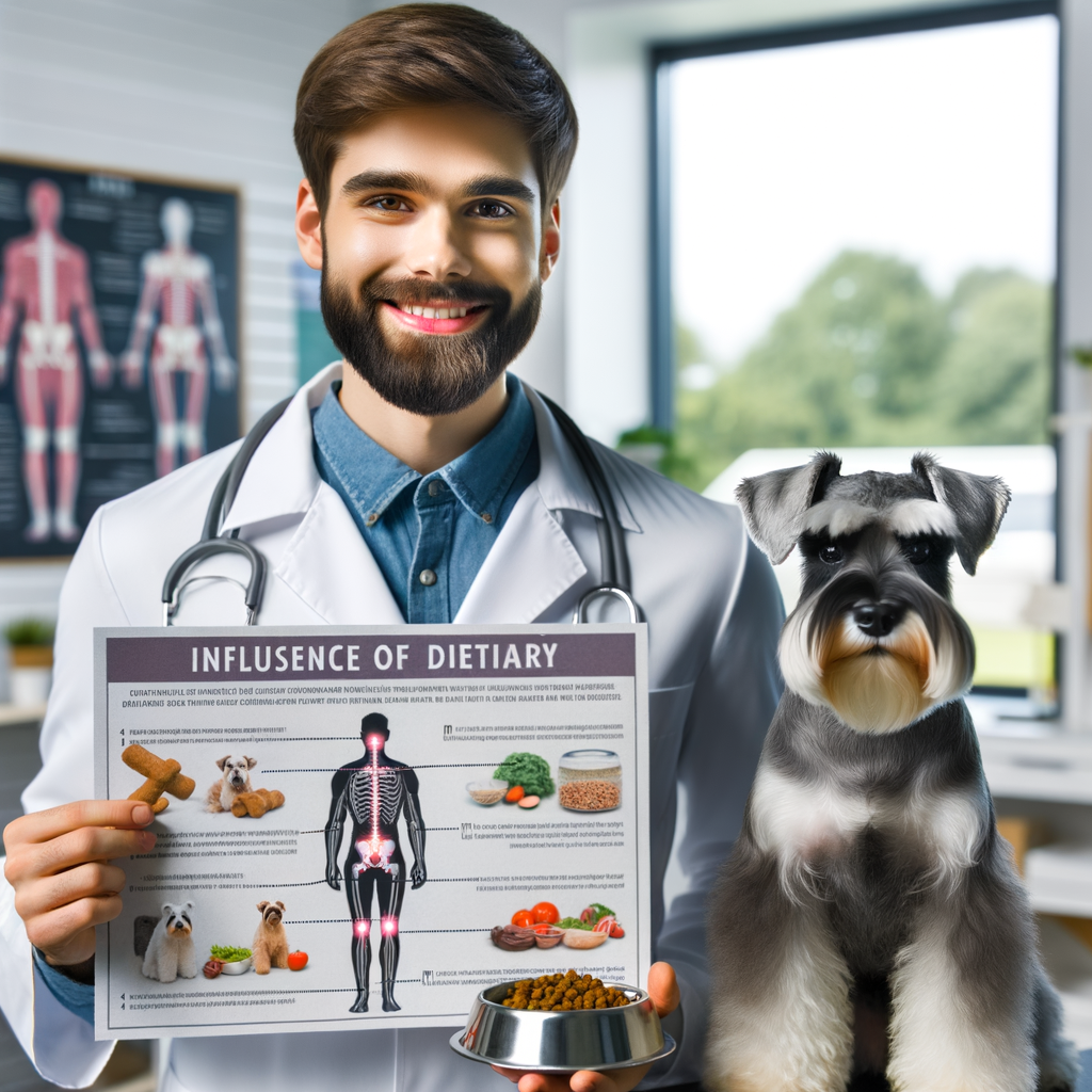 Veterinarian explaining Mini Schnauzer nutrition and joint health, showcasing a chart with diet tips and best food for Mini Schnauzer joint health, while a healthy Mini Schnauzer enjoys recommended diet in the background.