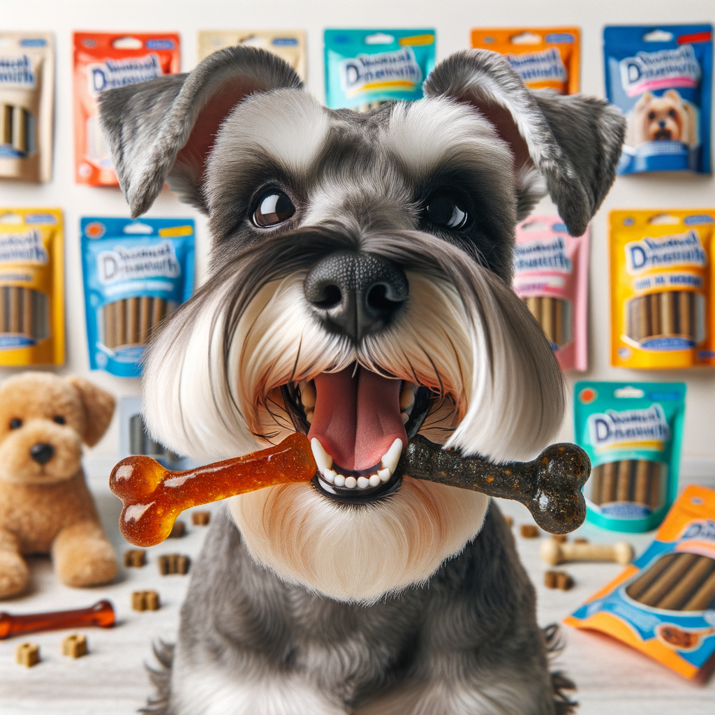 Mini Schnauzer happily chewing on a dental chew, showcasing clean teeth and optimal oral health, surrounded by a variety of dog dental chews and oral health products for small dogs like Schnauzers.