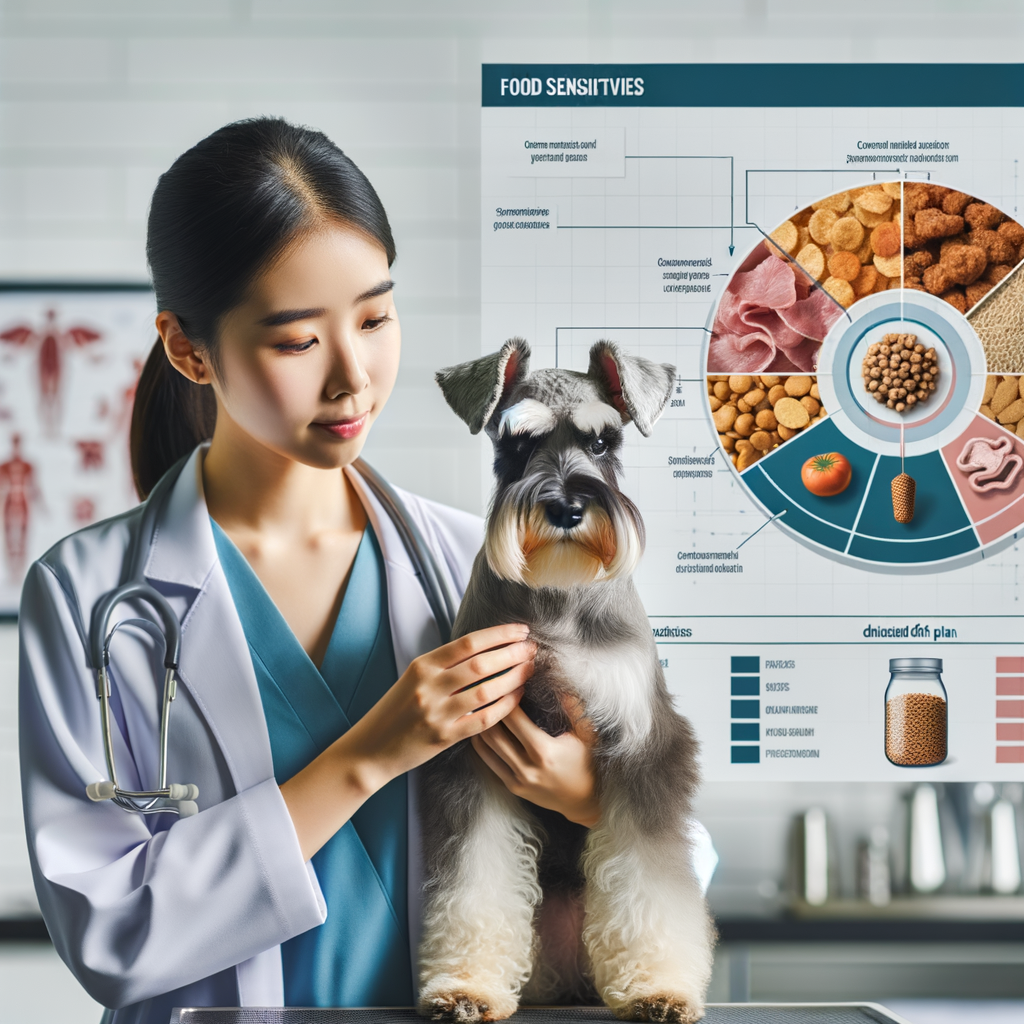 Veterinarian examining Mini Schnauzer for food sensitivities, with a chart of symptoms and a diet plan addressing Mini Schnauzers dietary needs and food allergies.