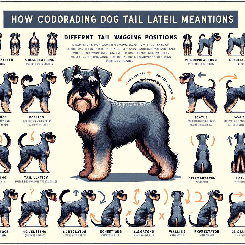 Infographic explaining Mini Schnauzer tail wagging positions and their meanings, decoding dog tail positions for better understanding of dog body language and Mini Schnauzer behavior.