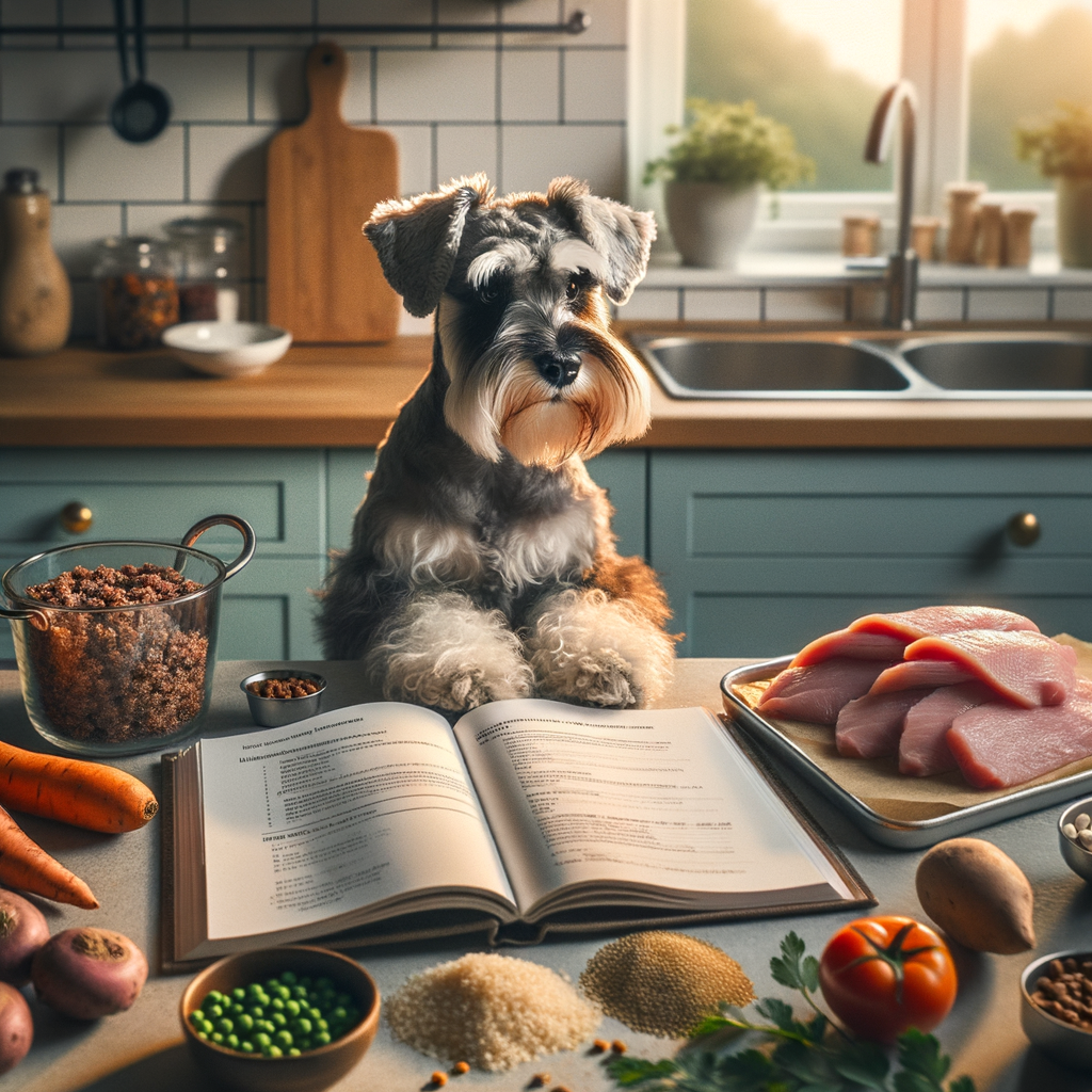 Mini Schnauzer eagerly waiting for nutritious homemade dog treats from a safe dog food recipe, showcasing a healthy Mini Schnauzer diet and DIY dog food preparation.