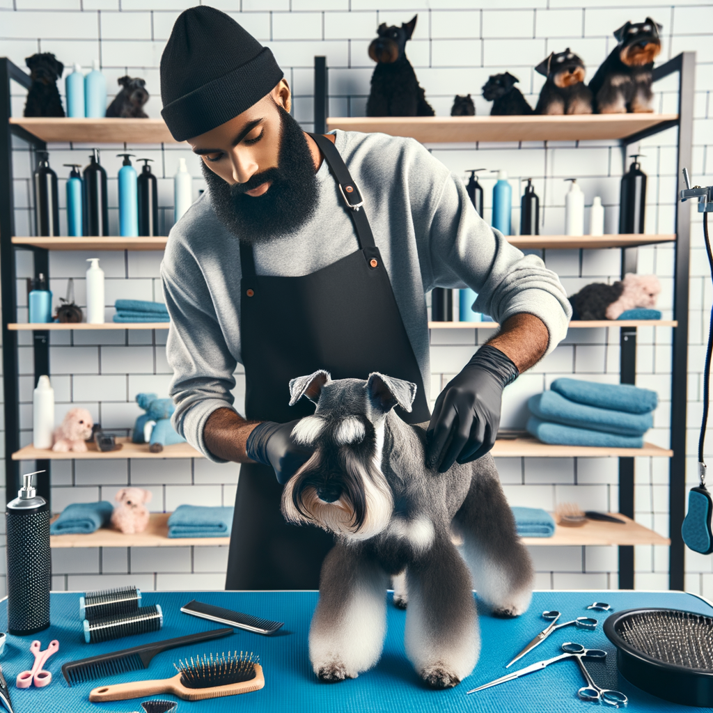 Professional groomer demonstrating Mini Schnauzer winter grooming and cold-weather coat care tips, showcasing essential tools for winter grooming for dogs and Mini Schnauzer coat maintenance.