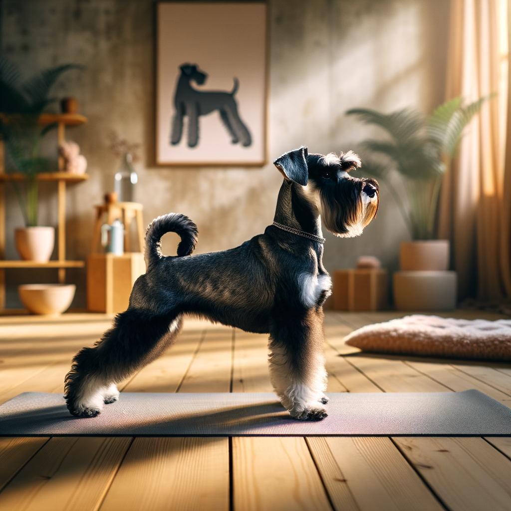 Mini Schnauzer practicing dog yoga in a serene studio, demonstrating pet wellness and the benefits of incorporating yoga into a dog's routine, highlighting stretching exercises for Mini Schnauzers.